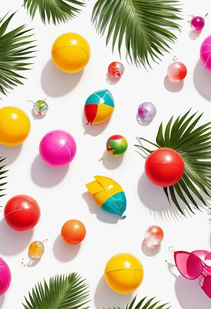 A vibrant beach scene filled with colorful playful bikinis, surrounded by tropical palm trees and crystal-clear waves. Sunbathers enjoying the sun, tropical drinks in hand, and beach balls scattered around, exuding a fun and carefree summer vibe. Bright sunshine illuminating the scene with a cheerful atmosphere. super-realistic. vibrant colors. white background.