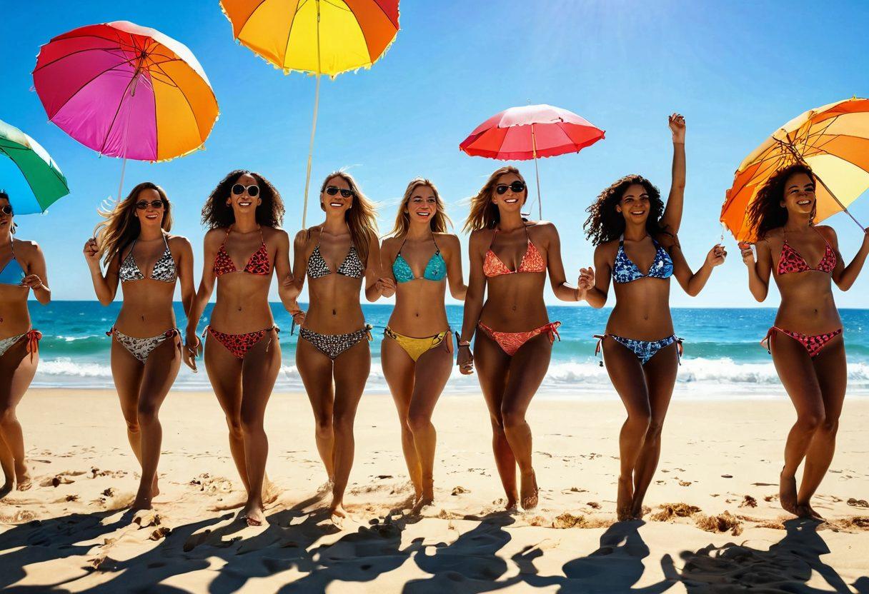 A vibrant beach scene featuring a group of friends joyfully splashing in the ocean, wearing trendy animal print bikinis. The sun is shining bright, casting playful shadows on the golden sand, while beach umbrellas and colorful beach balls add to the festive atmosphere. Capture the essence of summer fun with playful poses and cheerful expressions. vivid colors. super-realistic.