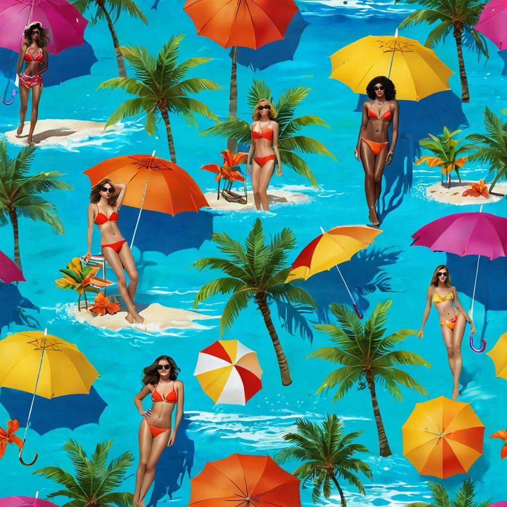 A vibrant beach scene showcasing diverse models in trendy swimwear, lounging by a crystal-clear pool next to a picturesque beachfront. Incorporate colorful umbrellas, tropical drinks, and a lively atmosphere with palm trees swaying in the breeze. Capture the essence of summer style and elegance, emphasizing bright patterns and textures in the swimwear. super-realistic. vibrant colors. lively atmosphere.